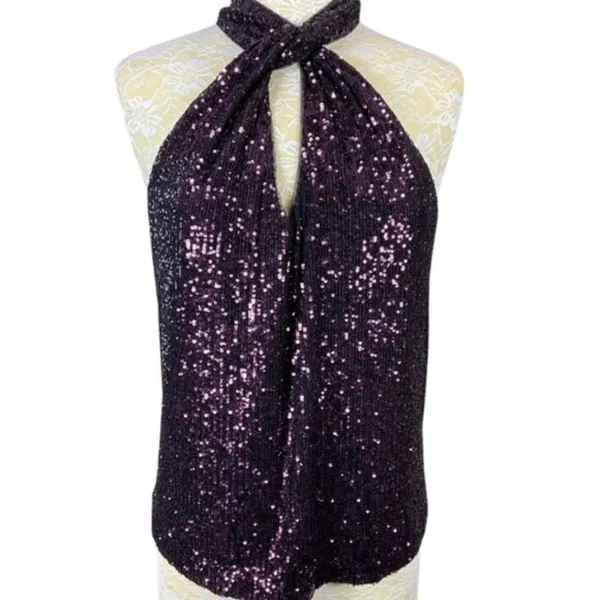 Parker Dallas Sleeveless Twist Halter Lined Burgundy Sequined Top Size Medium - Image 13