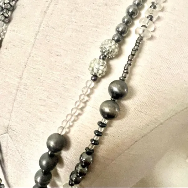 Long double strand grey and clear beaded statement necklace - Image 6