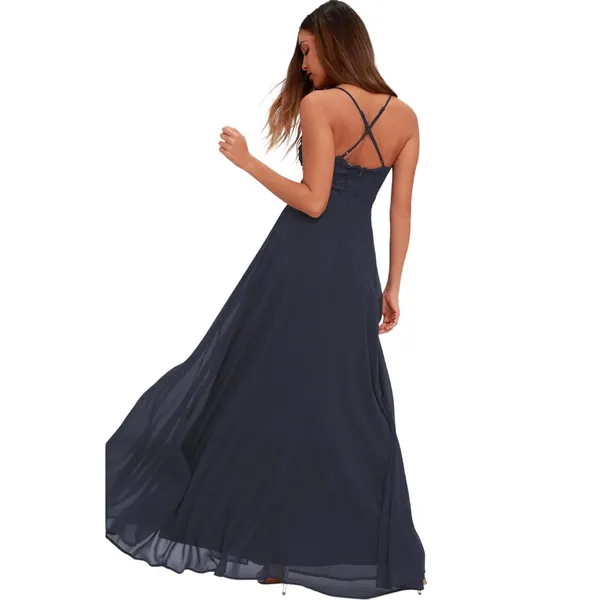 NWT LULU’s Women’s Navy Blue Chiffon Lace Maxi Full Length Dress Gown - Image 4