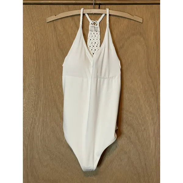 Aerie Women Medium Macrame Halter‎ Top One Piece Swimsuit White - Image 8