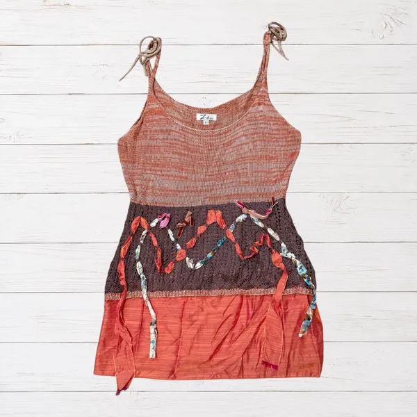 Crochet Tank Tunic Rust Brown Multicolor Ribbon Boho Hippie Eclectic L Z Ba - Image 2