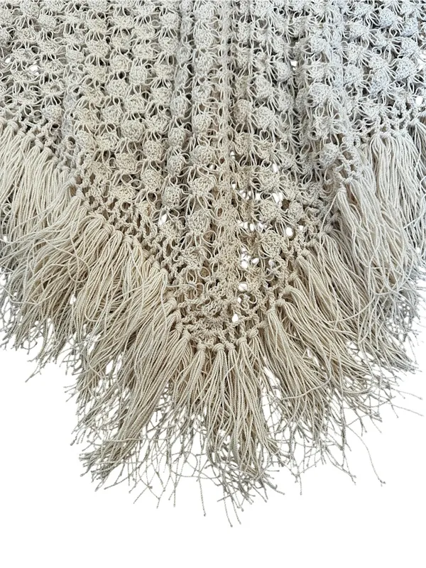 Vintage Cream Open Weave Crochet Knit Poncho Fringe Boho Chic Cottagecore - Image 4