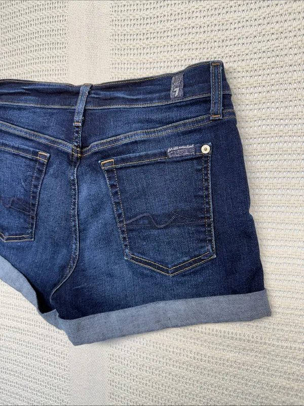 7 For All Mankind Dark Blue Rolled-Hem Denim Shorts - Image 6