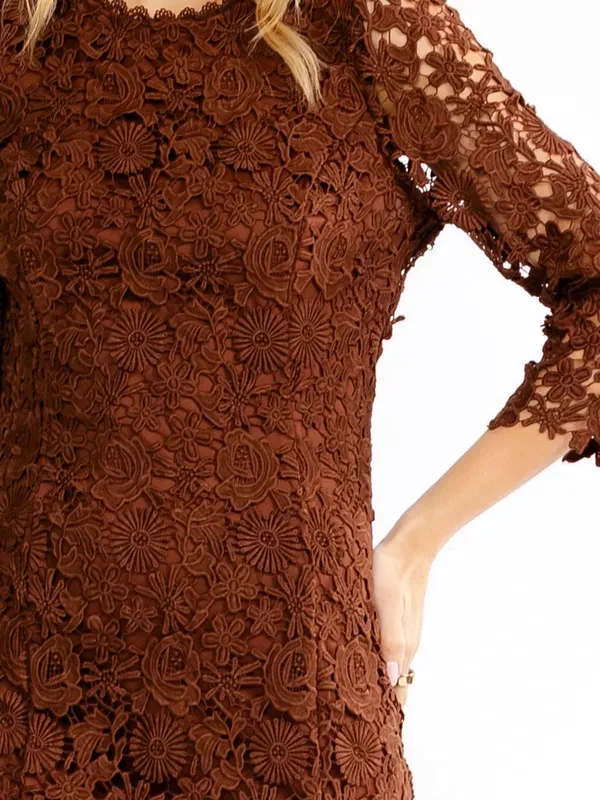 Just Me Women'S 3/4 Sleeve Open Back Floral Crochet Bodycon Mini Dress - Image 4
