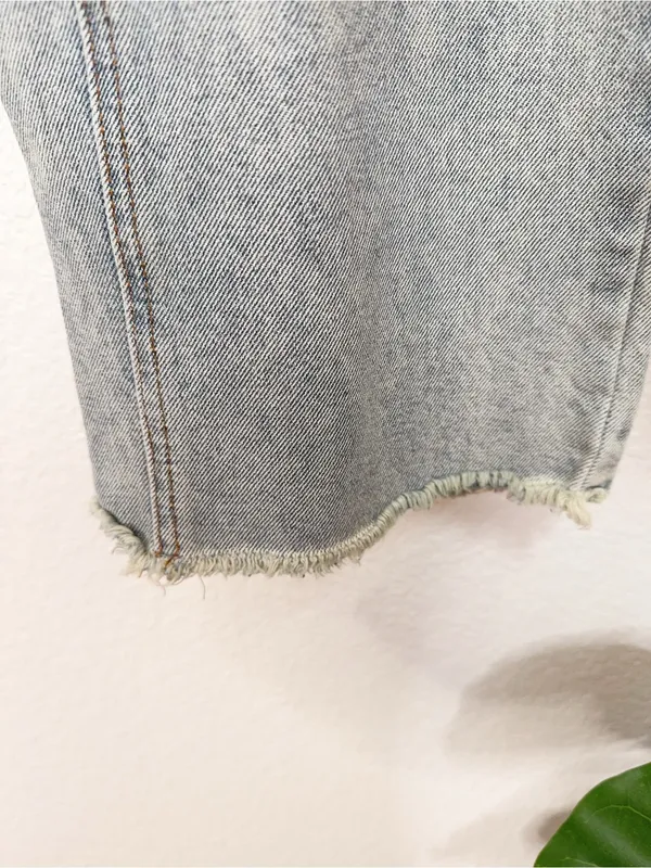J.ING Light Wash Distressed Cutout Knee High Rise Wide Leg Jeans Raw Hem - Image 5