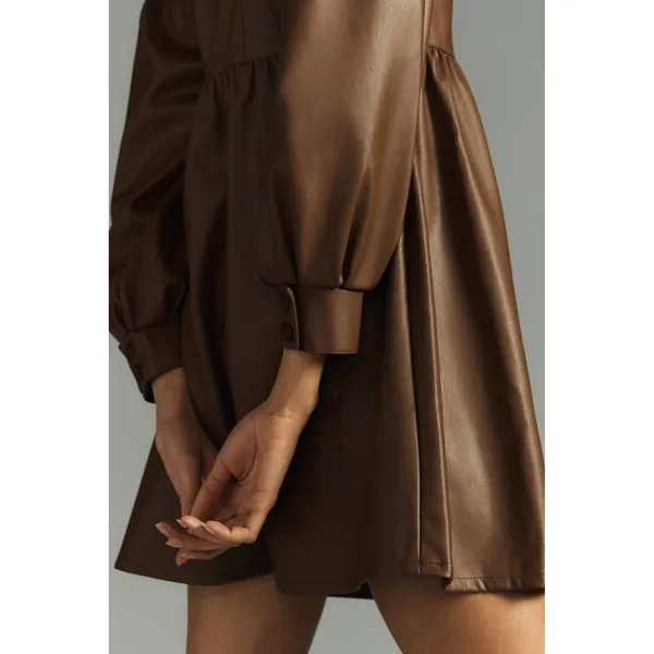 Anthropologie Babydoll Dress Womens Size Medium Brown Faux Leather Mini NWT - Image 2