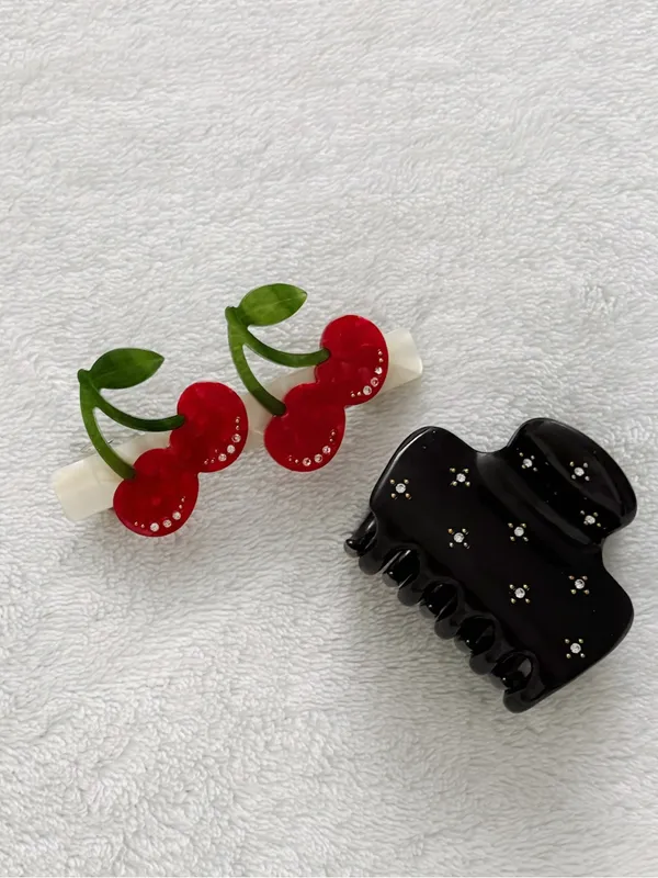 Kitsch Black Rhinestones Cloud Claw Clip Cream Cherry Crystal Barrette Hair Set - Image 4