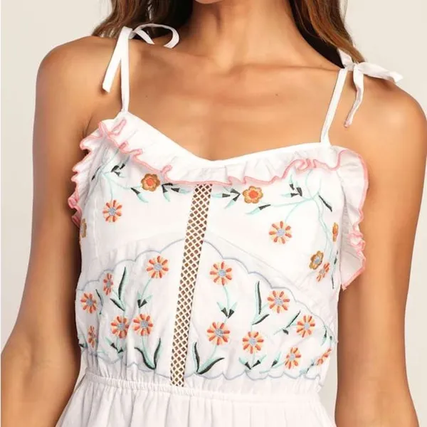 Lulus White Floral Embroidered Tie Strap Mini Dress Large 100% Cotton - Image 3