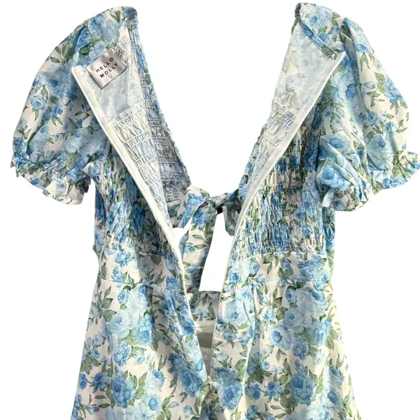 Hello Molly Picnic Loving Mini Dress Women M Blue Floral Smocked Cutout Coquette - Image 7