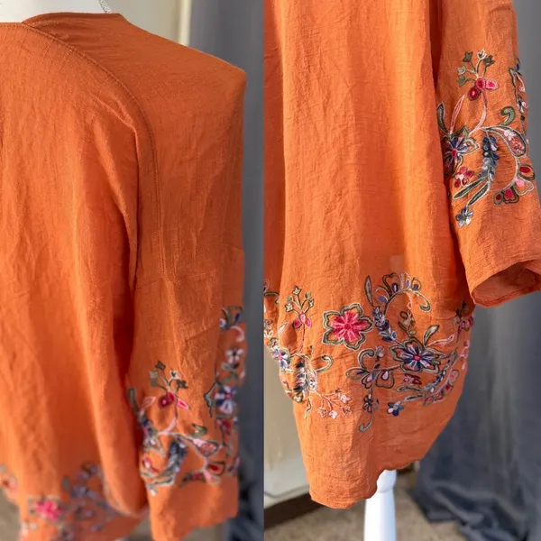 Boho Embroidered Kimono Cardigan Duster Rust Floral Open Front Festival One Size - Image 12