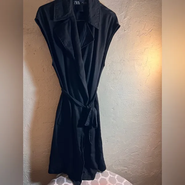 Zara Black Collared Mini Dress M trench duster wrap pockets - Image 2