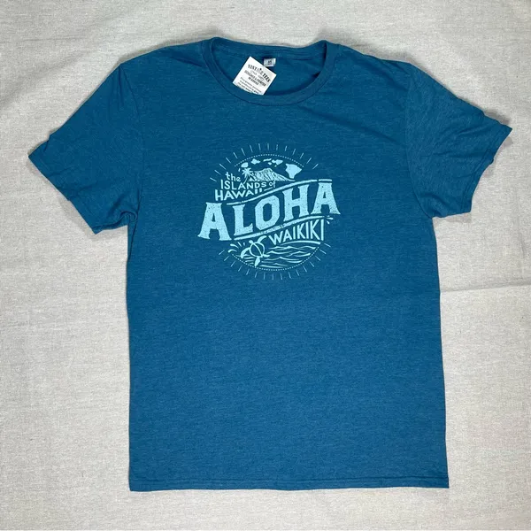 Jerzees NWT Teal Aloha Waikiki Distressed Graphic Tee | Medium - Image 2