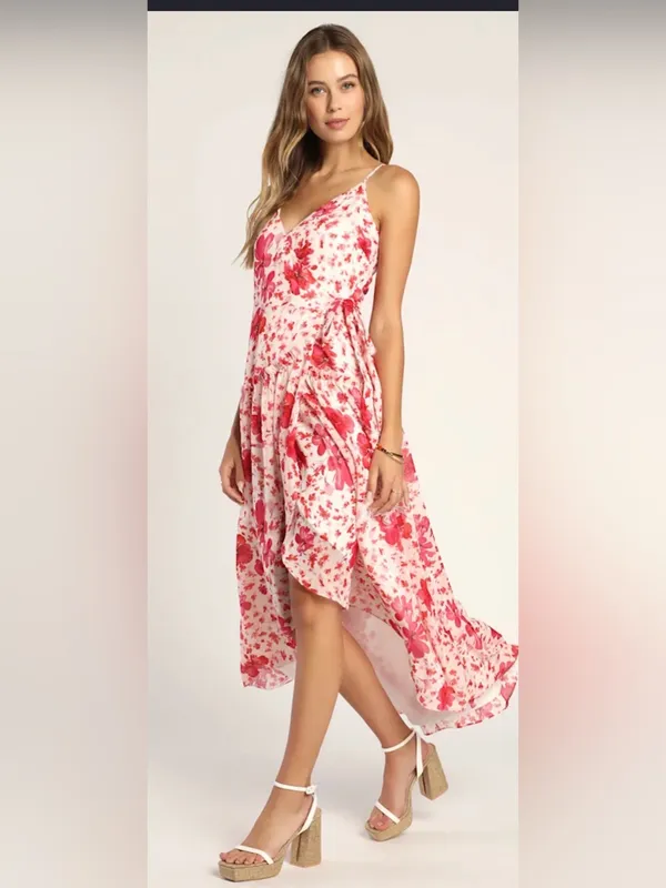 Lulus Floral Print Metallic Ruffled Wrap Maxi Dress size L - Image 3