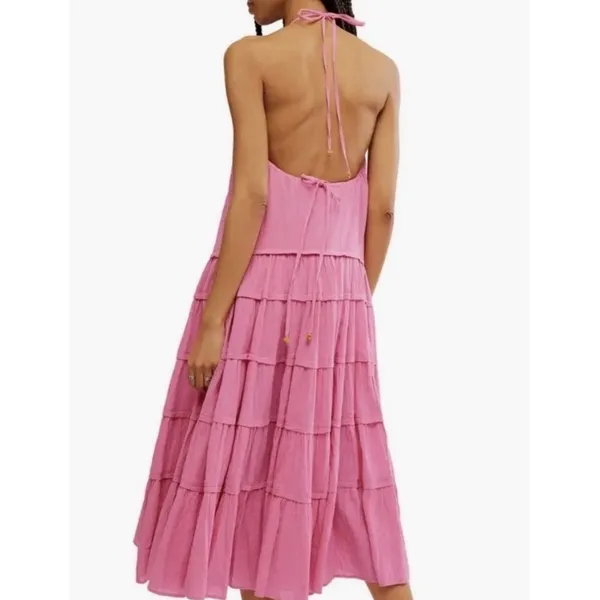 NEW Free People Somewhere Sunny Maxi Dress Pink Halter Tiered Drop Waist Size XL - Image 2