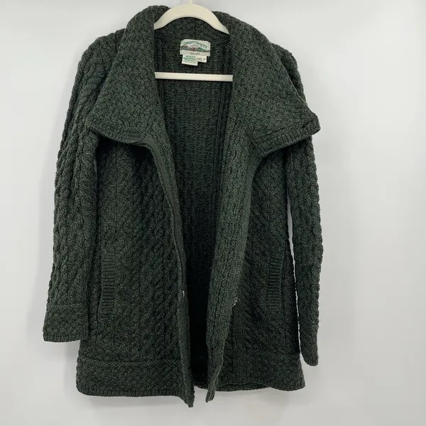 aran crafts sweater women Cable Knit XXS P Green 100 Merino Wool Fisher Chunky - Image 8