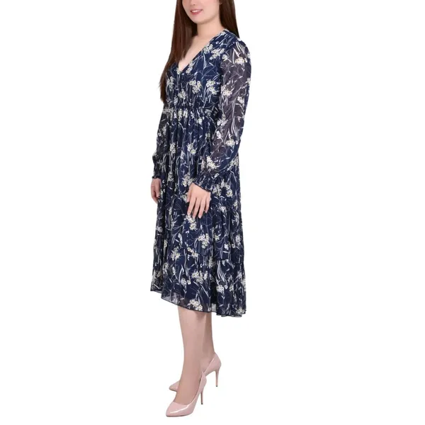 NWT Ny Collection Womens Long Sleeve Clip Dot Chiffon Dress Blue Floral S - Image 2