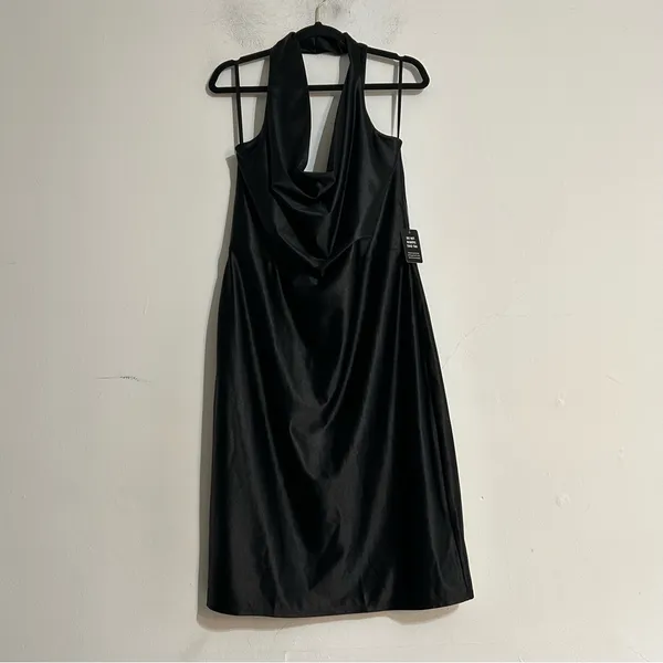 Express Satin Twist Halter Neck Midi Dress in Black Size XL Holiday Formal Event - Image 2