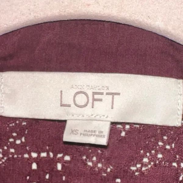 LOFT Burgundy‎ Lace Button Up Blouse XS Sheer Long Sleeve Feminine Top - Image 6
