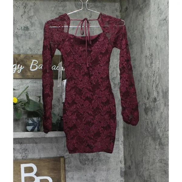 NWT Emerald Sundae Glitter Lace Bodycon Open Back Mini Dress Dark Red 2XS - Image 5