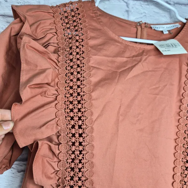 ​NWT English Factory Terracotta Lace Inset Puff Sleeve Tiered Boho Mini Dress L - Image 3