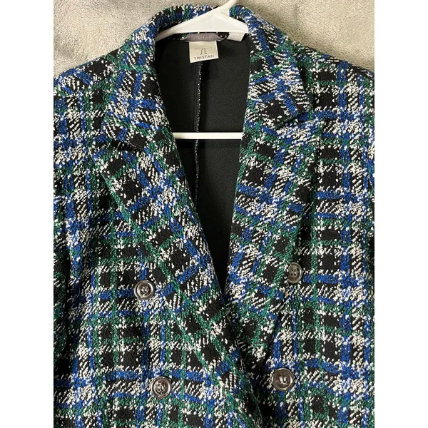 Tristan Blue Green Plaid Tweed Fitted Blazer Jacket Dark Academia Women's M - Image 2