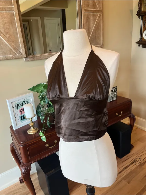 Satiny Halter Crop Top in Chocolate Brown - Image 2