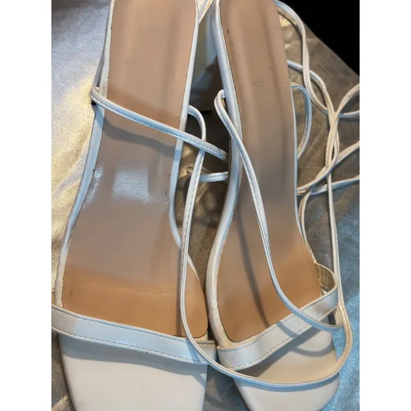 White Lace Up Block Heel Sandals Square Toe Strappy Wrap Around Size 41 Womens - Image 5