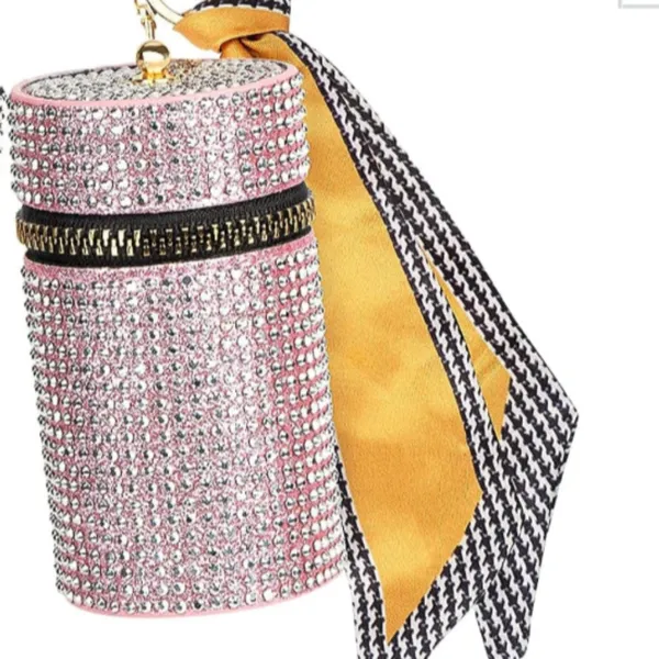 Womens Pink Bling Lipstick Case Bag Charm with Twilly in Pink - Image 3