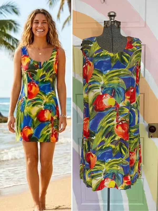 Jams World Mango Print Rayon Shift Dress Made in Hawaii‎ Sz L 🧡🎀 - Image 2