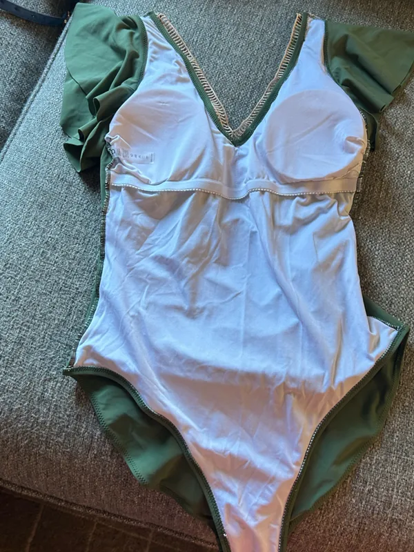 “B” Olive Green One-Piece Swimsuit w/ Crochet V-Neck & Flutter Sleeves | M (New) - Image 14