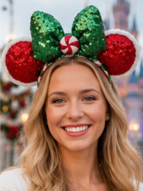 Disney Minnie Mouse ear Christmas headband -red sequin ears + green sequin bow - Image 5