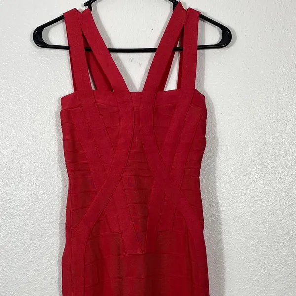 Herve Leger Crimson Strappy Bandage Mini Dress Size S 90% Rayón 9% Nylon - Image 3