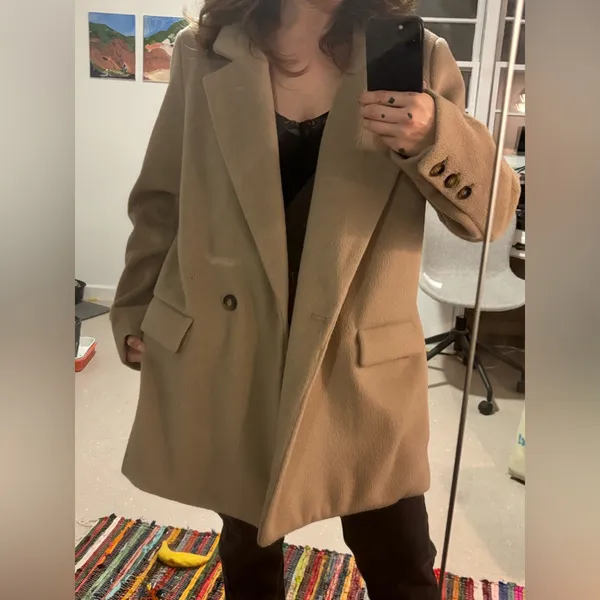 Free People tan double breasted oversized coat size large - Image 6