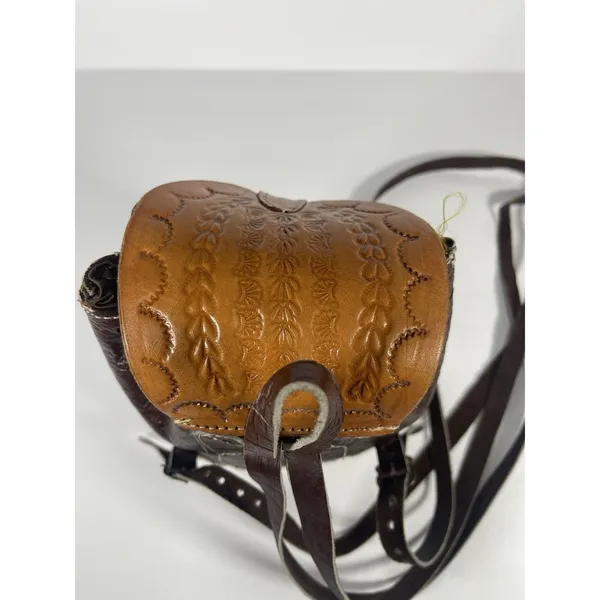 Brown/Tan Floral Tooled Embossed Mini Backpack Drawstring Flap Buckle Silver - Image 5