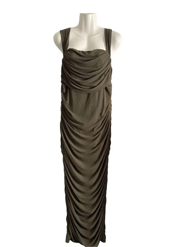 PRETTYGARDEN. Olive Green Ruched Bodycon maxi dress - Image 3