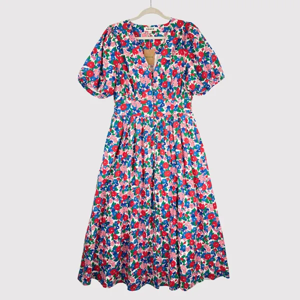 NEW Boden Midi Dress Pink Lillian Cotton Floral V Neck Puff Sleeve Boho US 10 - Image 3