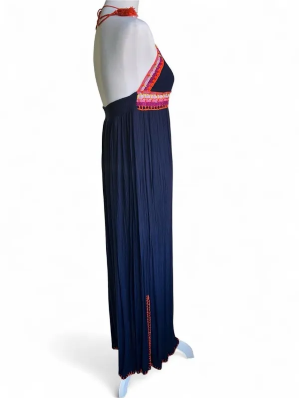 Indigo Rein Boho Crochet Trim Navy Halter Maxi Dress Size M - Image 3