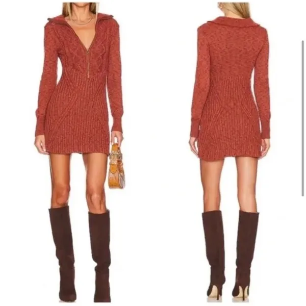 Free People Mont Blanc Mini Sweater Dress Red Jasper Auburn Sz M Cable Knit Zip - Image 2