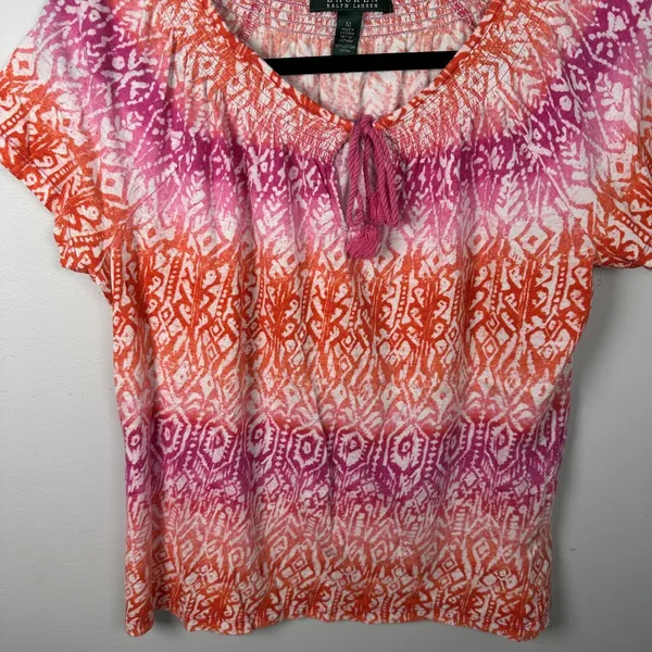 Lauren Ralph Lauren Medium Top Womens 100% Cotton Pink Orange Boho Short Sleeve‎ - Image 10