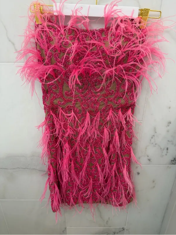 Strapless Hot Pink Feather-Trim Mini Dress - Image 2