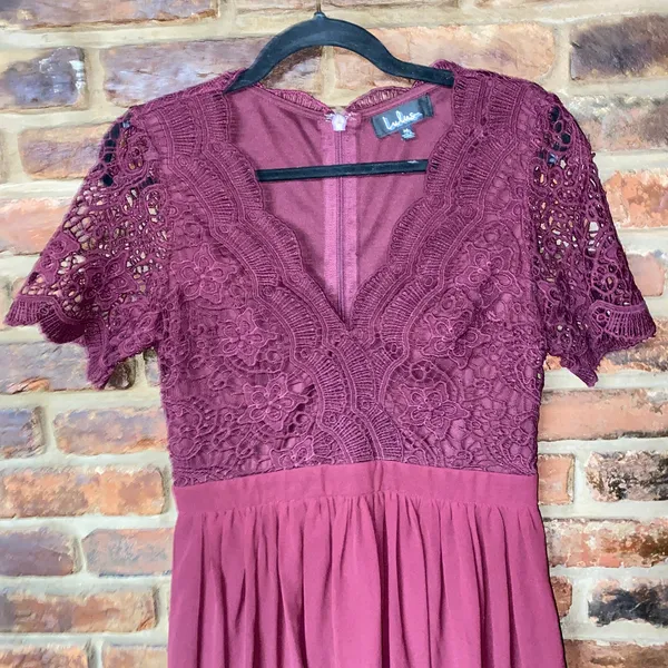 Lulus Burgundy Angel In Disguise Lace Skater Mini Dress Women's Size Medium - Image 3