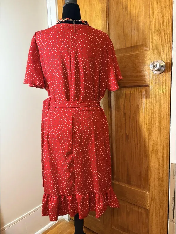 Red Polka Dot Wrap Dress Flutter Sleeve V Neck Tie Waist Women’s Dress - Image 5
