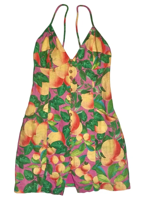 Farm Rio orange sunset linen mini summer sun dress fruit novelty tropical prnt S - Image 3