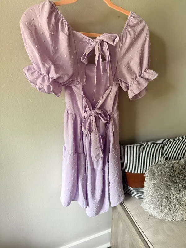 Boutique Lavender Puff Sleeve Open Back Mini Dress Size Small - Image 11