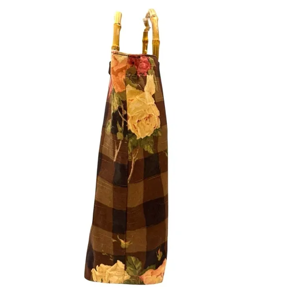 Cynthia Hart Los Angeles Floral Plaid Tote Bag Purse Bamboo Handles Gold Brown - Image 4