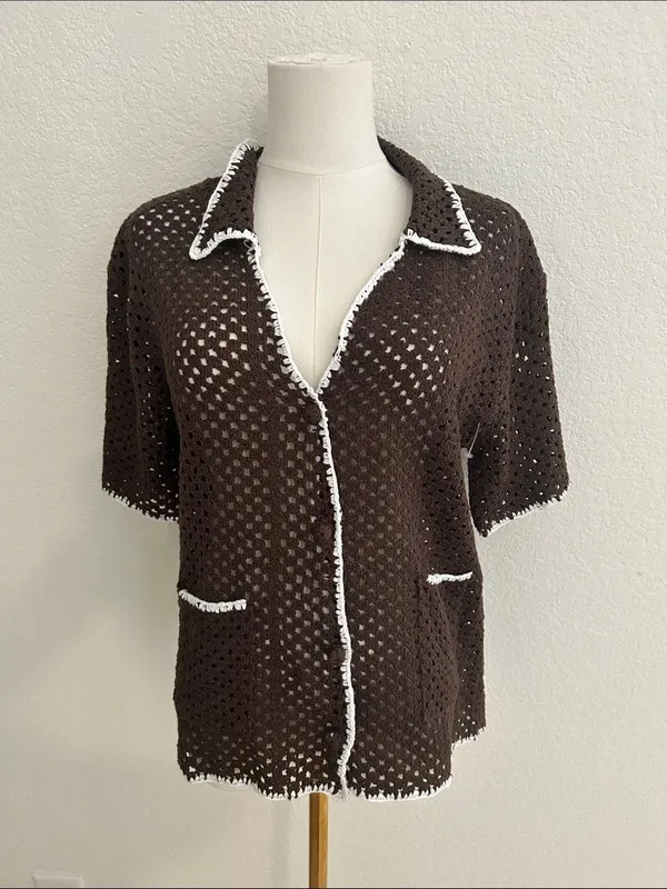 Elan Crochet Button-Up Cover-Up TOP, Brown/White, Size Medium, NWT - Image 4