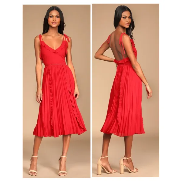 Lulus Never a Dull Moment Bright Red Tie-Strap Pleated Midi Dress Size XL Party - Image 2