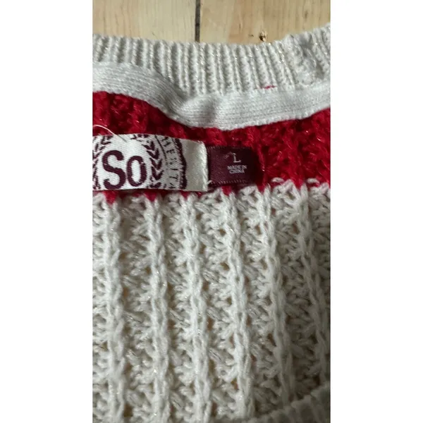 SO Red White Striped Metallic Cable Knit Scoop Neck Sweater Womens Large‎ L - Image 2