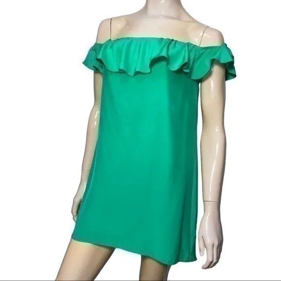 Amanda Uprichard Women’s M Emerald Green Silk Ruffle Top Off Shoulder Mini Dress - Image 3