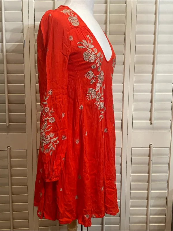NWOT Free People Red Embroidered V-Neck Mini Babydoll Dress - Image 5